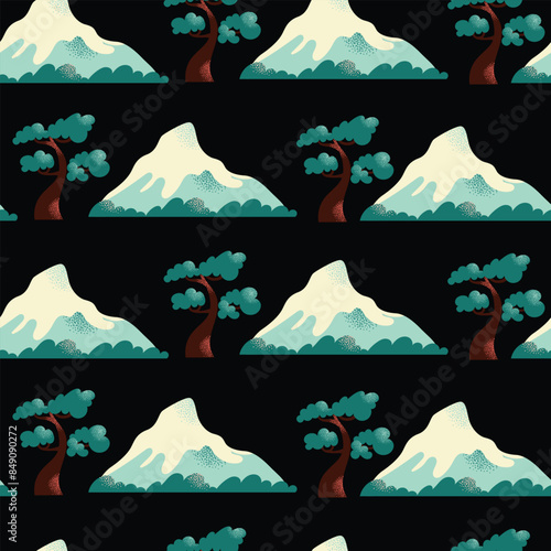 Japanese art and culture seamless pattern. Set of Japanese travel. Symbols of the island. Various sights and famous elements. Pagoda architecture, maneki neko toy. National traditional illustration