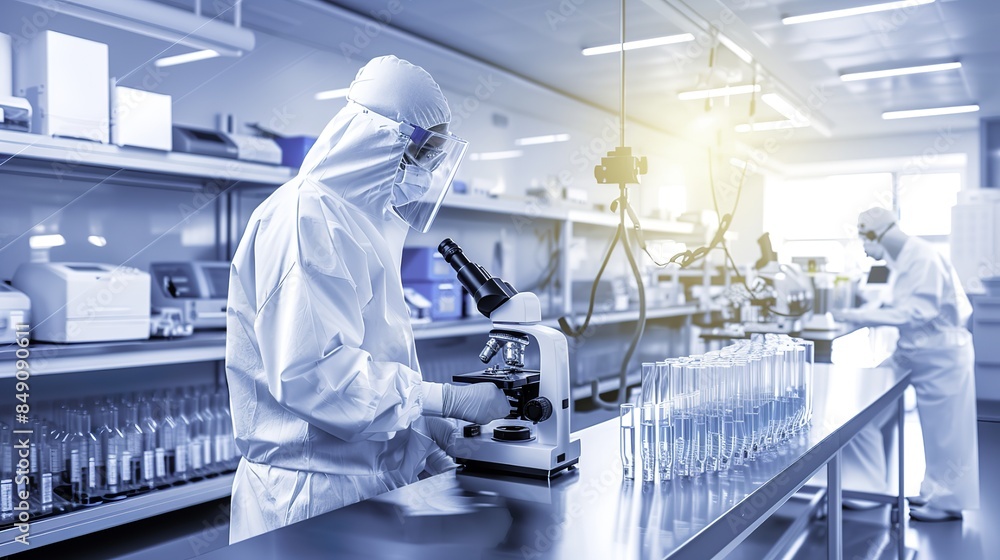 Dedicated Scientist in Protective Gear Conducting Medical Research with Microscopes and Test Tubes in Advanced Laboratory, Symbolizing Innovation and Scientific Exploration Dedicated Scientist in Protective Gear Conducting Medical Research with Microscopes and Test Tubes in Advanced Laboratory, Symbolizing Innovation and Scientific Exploration