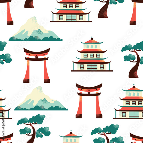 Japanese art and culture seamless pattern. Set of Japanese travel. Symbols of the island. Various sights and famous elements. Pagoda architecture, maneki neko toy. National traditional illustration
