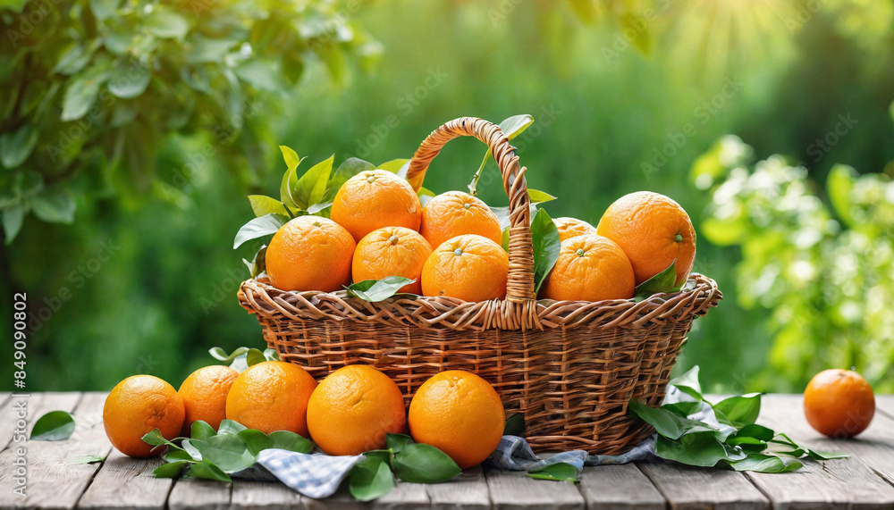 A basket filled with orange is placed on top of a wooden table, showing the harvest of fresh produce. Healthy food, summer fruits. Design for banner, poster with copy space. Farm products. A basket filled with orange is placed on top of a wooden table, showing the harvest of fresh produce. Healthy food, summer fruits. Design for banner, poster with copy space. Farm products.