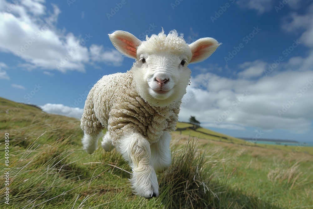 Fototapeta premium Baby Lamb: A fluffy white lamb, frolicking in a green pasture under a bright blue sky. 