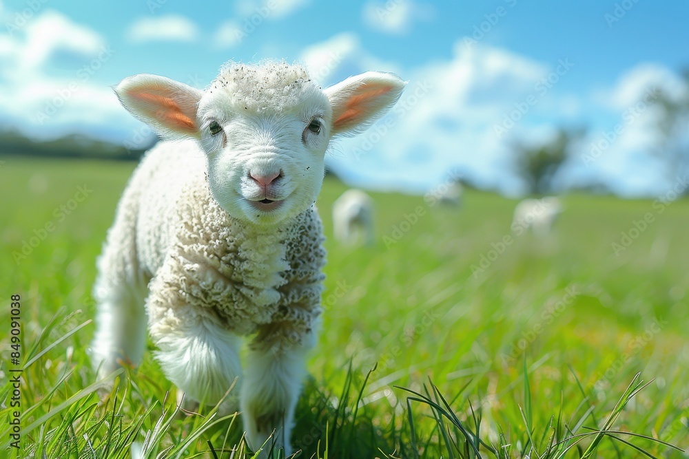 Baby Lamb: A fluffy white lamb, frolicking in a green pasture under a bright blue sky. Baby Lamb: A fluffy white lamb, frolicking in a green pasture under a bright blue sky.
