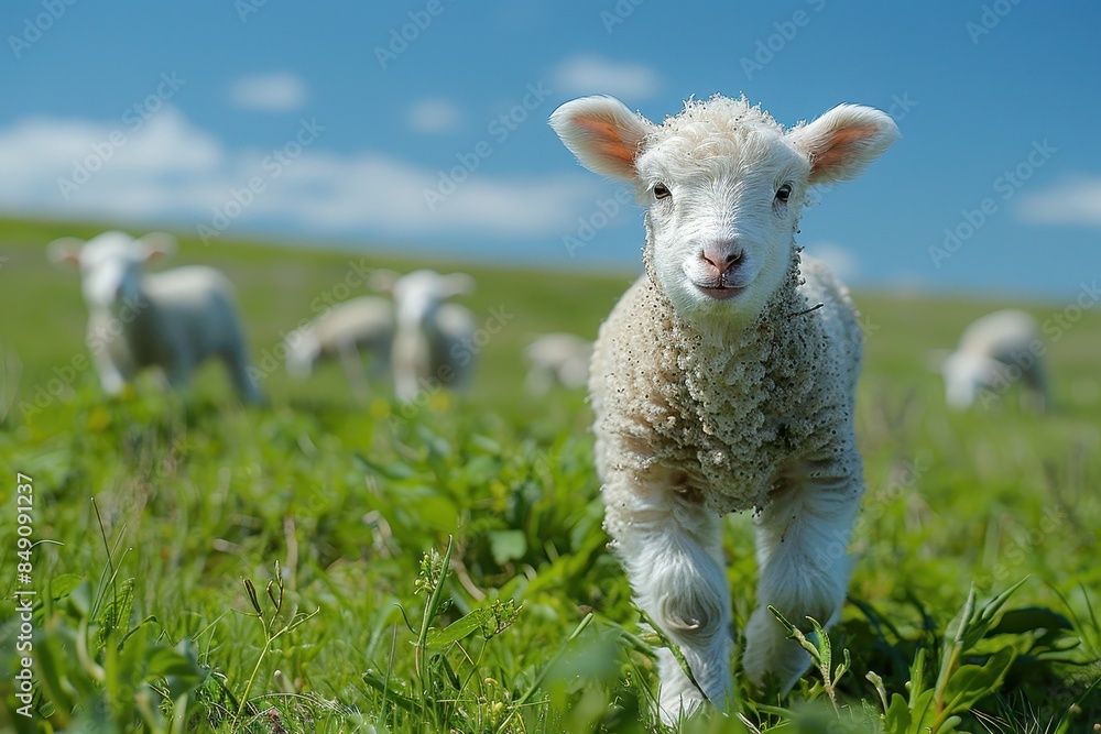 Fototapeta premium Baby Lamb: A fluffy white lamb, frolicking in a green pasture under a bright blue sky. 