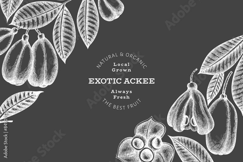 Hand drawn sketch style ackee banner. Organic fresh food vector illustration on chalk board. Retro exotic fruit design template. Engraved style botanical background. photo