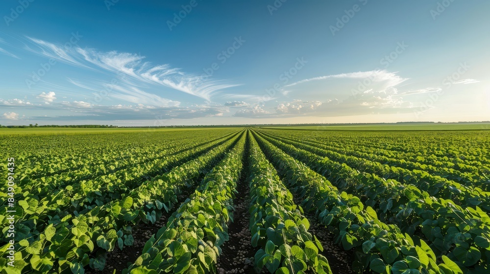 A vast, green soybean field stretches towards the horizon under a bright blue sky with wispy clouds. A vast, green soybean field stretches towards the horizon under a bright blue sky with wispy clouds.