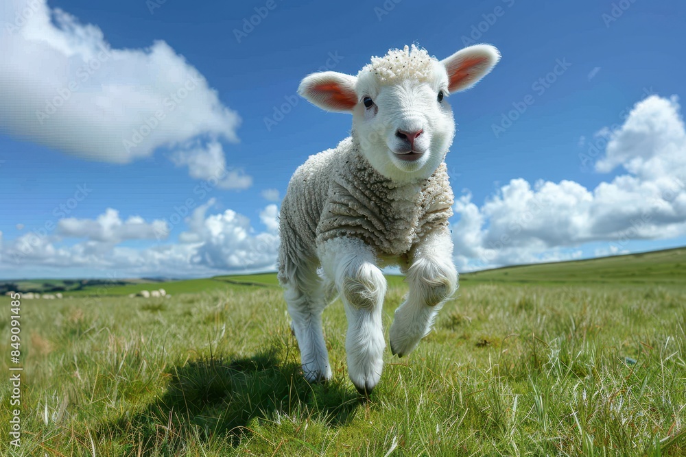 Fototapeta premium Baby Lamb: A fluffy white lamb, frolicking in a green pasture under a bright blue sky. 