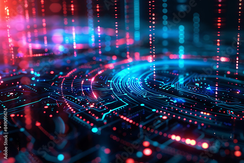 different cryptocurrency coins against a tech binary abstract background, combining digital currency symbols with streams of binary code, showcasing the intersection of technology and finance