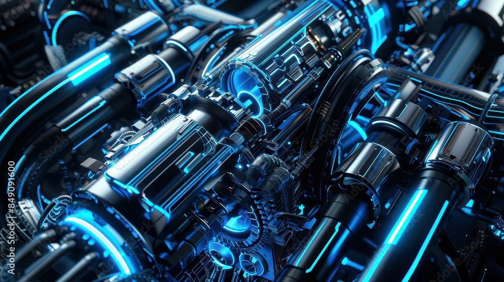 Close-up of detailed futuristic machinery with blue neon lights and complex mechanical components.