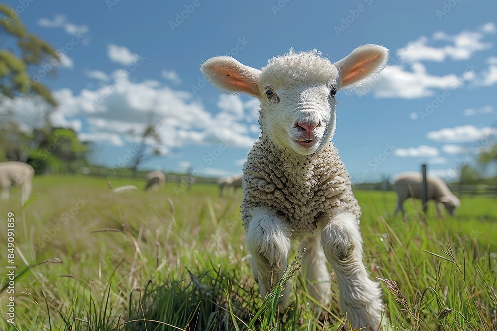Obraz premium Baby Lamb: A fluffy white lamb, frolicking in a green pasture under a bright blue sky. 