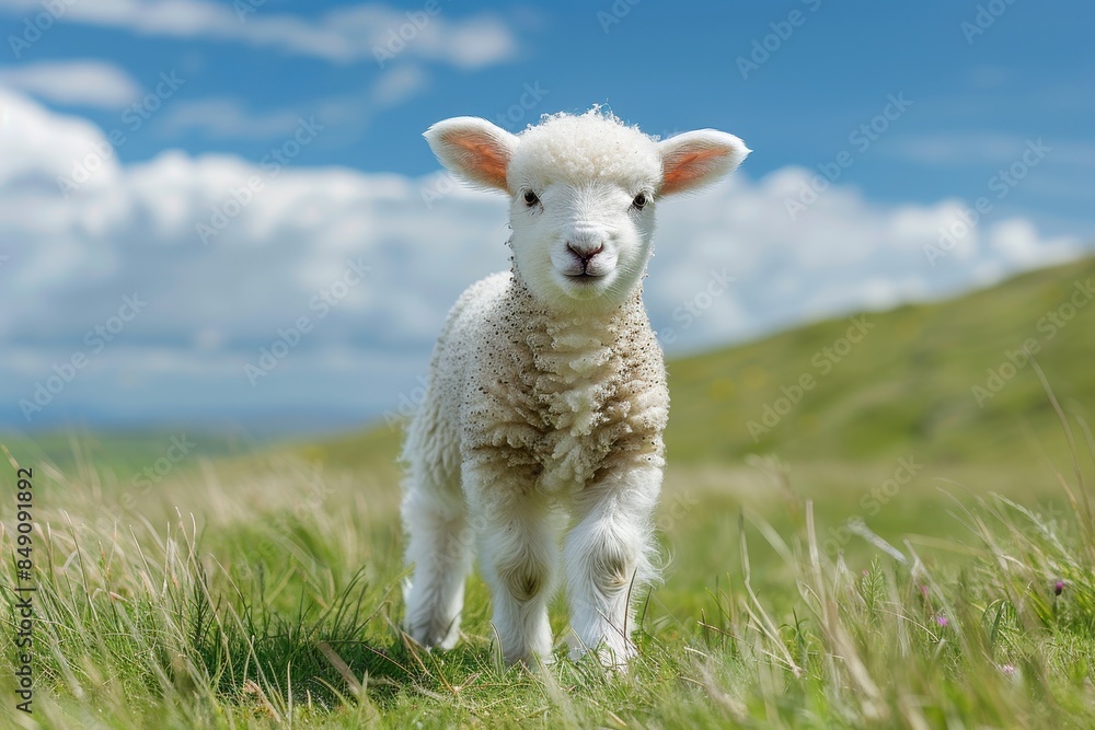 Baby Lamb: A fluffy white lamb, frolicking in a green pasture under a bright blue sky. Baby Lamb: A fluffy white lamb, frolicking in a green pasture under a bright blue sky.