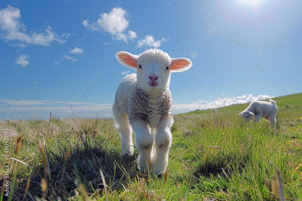 Fototapeta premium Baby Lamb: A fluffy white lamb, frolicking in a green pasture under a bright blue sky. 