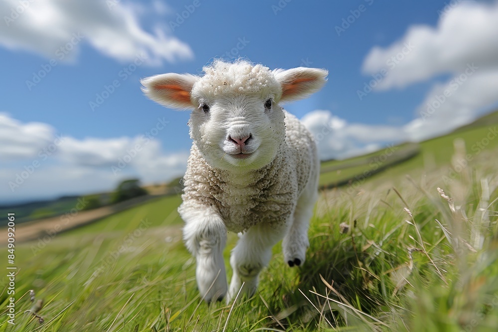 Baby Lamb: A fluffy white lamb, frolicking in a green pasture under a bright blue sky. Baby Lamb: A fluffy white lamb, frolicking in a green pasture under a bright blue sky.