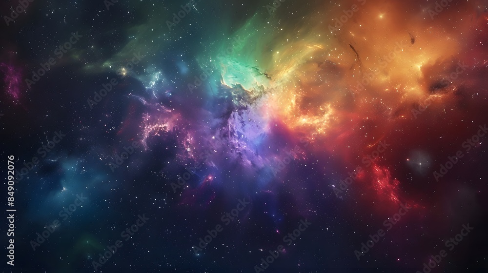 Naklejka premium A colorful nebula in space, with stars and galaxies visible around it.