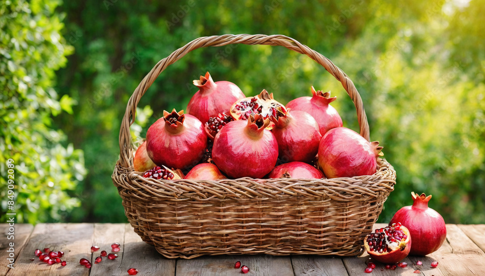 A basket filled with pomegranate is placed on top of a wooden table, showing the harvest of fresh produce. Healthy food, summer fruits. Design for banner, poster with copy space. Farm products. A basket filled with pomegranate is placed on top of a wooden table, showing the harvest of fresh produce. Healthy food, summer fruits. Design for banner, poster with copy space. Farm products.