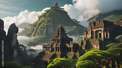 Create an illustration of the ancient ruins of Machu Picchu nestled amidst lush green mountains