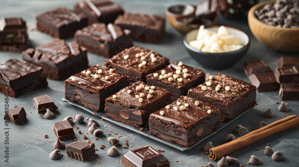 Chocolate cake brownies displayed on a grey tabletop Chocolate cake brownies displayed on a grey tabletop