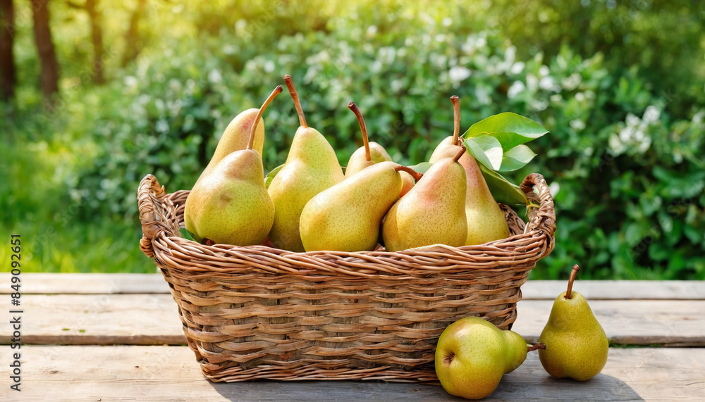 A basket filled with pear is placed on top of a wooden table, showing the harvest of fresh produce. Healthy food, summer fruits. Design for banner, poster with copy space. Farm products. A basket filled with pear is placed on top of a wooden table, showing the harvest of fresh produce. Healthy food, summer fruits. Design for banner, poster with copy space. Farm products.