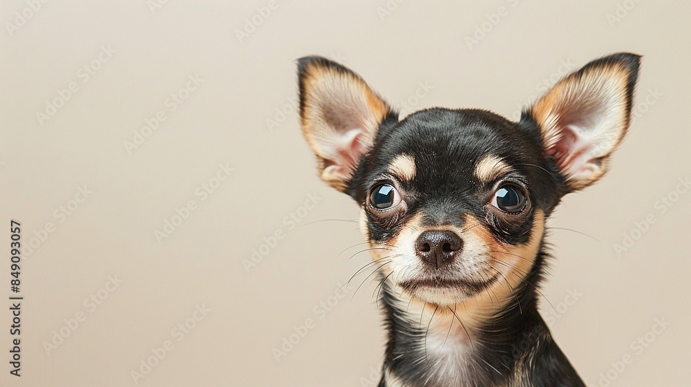 A portrait of a Chihuahua puppy on a gray background