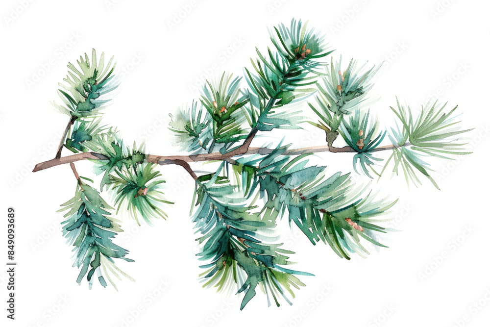Obraz premium watercolor drawing of a evergreen fir tree branch isolated on white or transparent png
