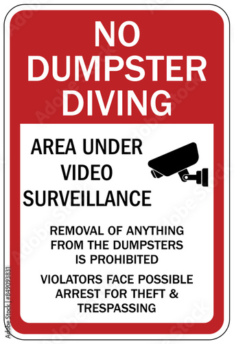 Dumpster sign no dumpster diving. Area under video surveillance