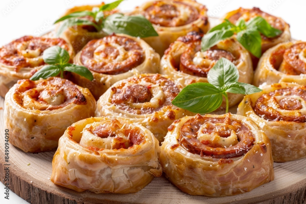 Party Sausage Pizza Rolls on Wooden Board with Fresh Basil Party Sausage Pizza Rolls on Wooden Board with Fresh Basil