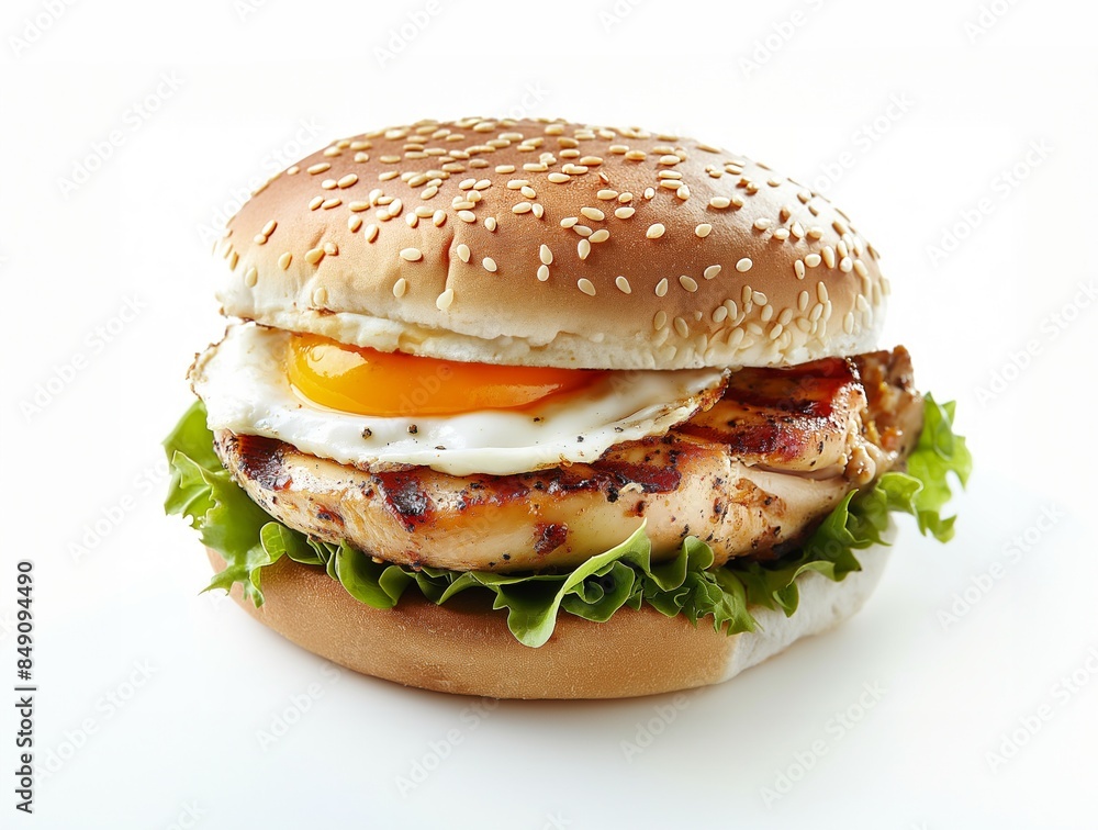 Classic chicken burger with egg and vegetables, presented on a clean white background Classic chicken burger with egg and vegetables, presented on a clean white background
