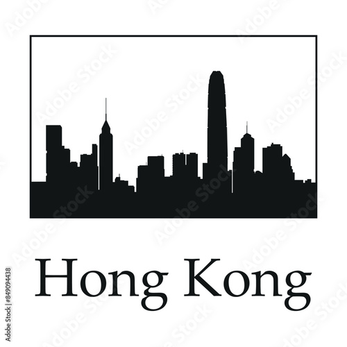 Black and white landscape of Hong Kong. Vector on a gray background