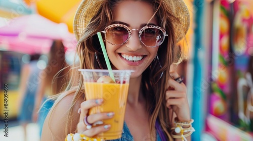 Young beautiful smiling hipster woman in trendy summer clothes. Carefree model posing in the street. Holding and drinking fresh vegetable cocktail smoothie drink in plastic cup with straw. Sunglasses