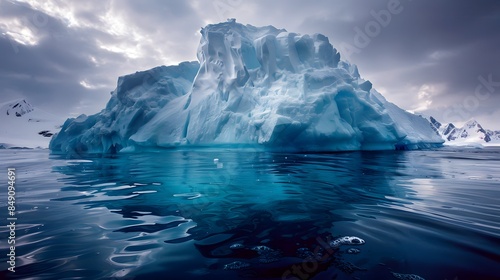 An iceberg floating in the ocean, with most below water visible and only one small part above the surface showing. © horizon