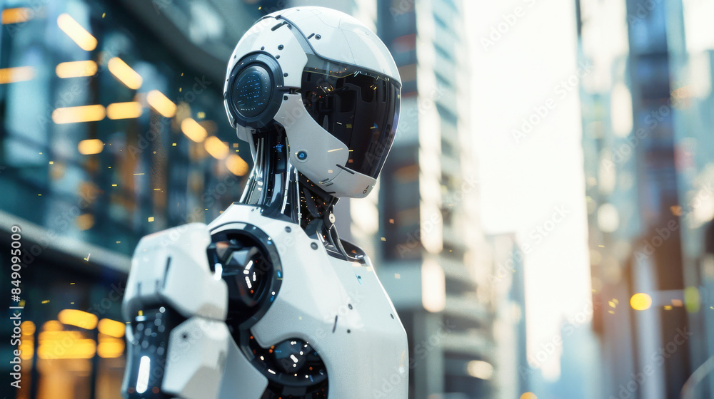 A futuristic humanoid robot in an urban setting A futuristic humanoid robot in an urban setting