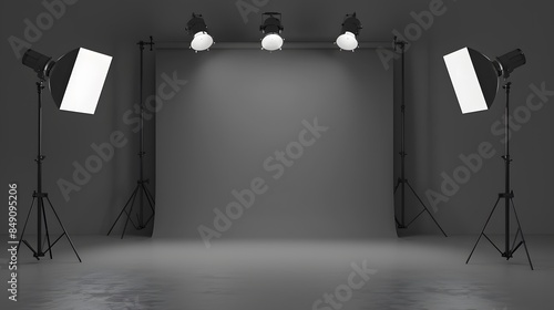 A photo studio with a gray background and lighting equipment. The room is empty, illuminated by spotlights that create soft shadows on the wall.