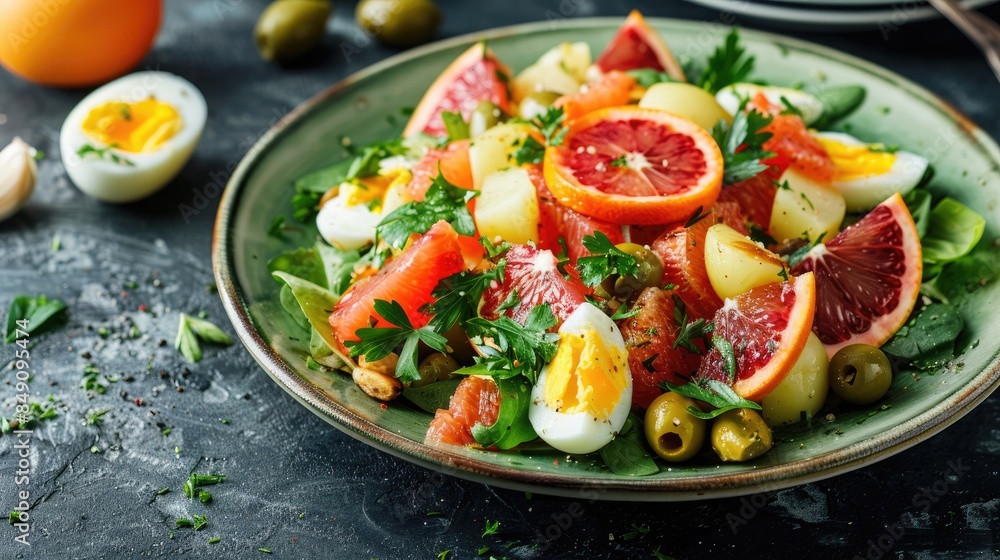 Spanish salad with potatoes blood orange olives and egg slices on a green plate with a dark concrete backdrop Traditional Spanish dish Salad ideas Spanish salad with potatoes blood orange olives and egg slices on a green plate with a dark concrete backdrop Traditional Spanish dish Salad ideas
