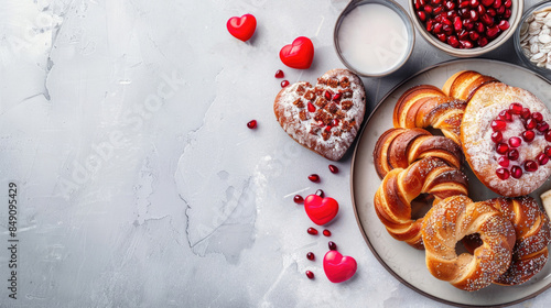 horizontal banner, Jewish Day of Love, Tu B'Av, Fifteenth Ava, heart-shaped cookies, pomegranate seeds, light background, copy space, free space for text photo