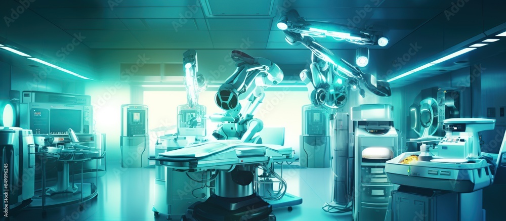 Medical technology concept with 3d rendering surgery robot in surgery room Medical technology concept with 3d rendering surgery robot in surgery room