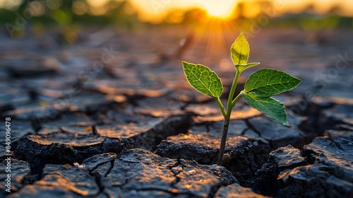 A small green plant sprouting from cracked earth, symbolizing the new life and growth in barren landscapes under dry weather conditions.