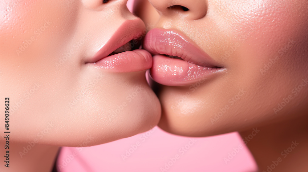 Obraz premium A beautiful woman's lips as she kissing into another woman's lips. The photo zooms in to highlight the delicate movement of her lips, which are a healthy, natural light pink