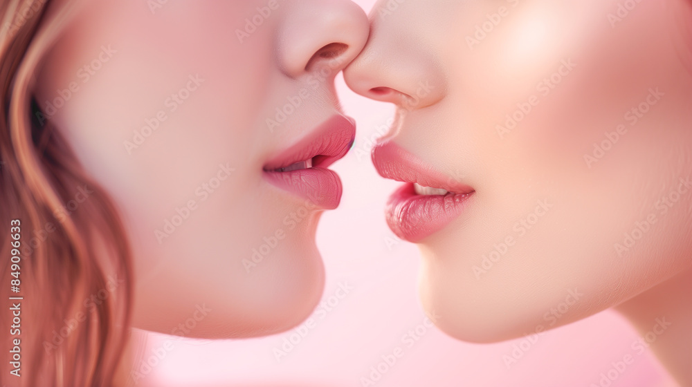 Obraz premium A beautiful woman's lips as she kissing into another woman's lips. The photo zooms in to highlight the delicate movement of her lips, which are a healthy, natural light pink