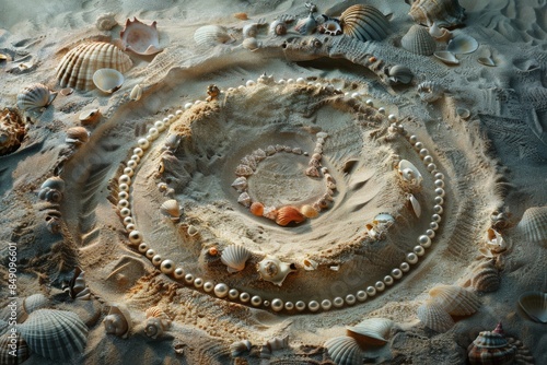 In this artistic landscape, a necklace lies on a circle of sand, adorned with seashells and pearls. The wind creates aeolian landforms, adding a fun touch to the scene AIG50