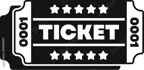 Simple black icon of a ticket, with its serrated edges and the word ticket, representing entertainment and events