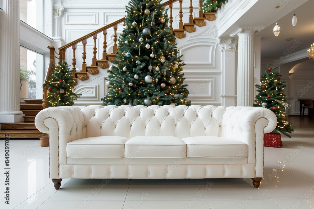 An elegant white leather sofa against the backdrop of a large Christmas tree in the interior of a white living room with a wooden staircase leading to the second floor. Empty space An elegant white leather sofa against the backdrop of a large Christmas tree in the interior of a white living room with a wooden staircase leading to the second floor. Empty space