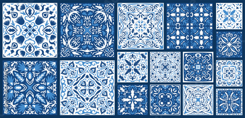  Portuguese and Spain azulejo. Ceramic tile in talavera style. Vector tile pattern, Lisbon floral mosaic, Mediterranean seamless navy blue ornament