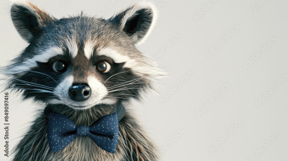 An adorable cartoon raccoon sporting a stylish blue bow tie stands out against a crisp white backdrop An adorable cartoon raccoon sporting a stylish blue bow tie stands out against a crisp white backdrop