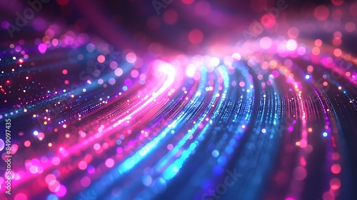 Abstract background with colorful light streaks and bokeh lights in purple, blue and pink colors, with a speed motion effect.