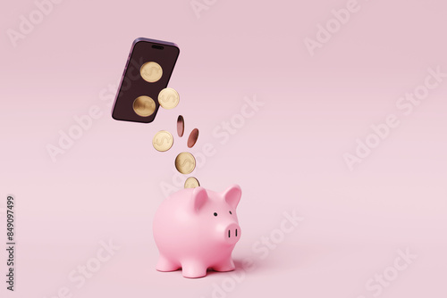 Golden coins falling from the screen of a mobile phone into a pink piggy bank on pink background. Illustration of the concept of making money on smart phones and the Internet