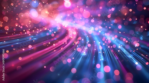 Abstract background with colorful light streaks and bokeh lights in purple, blue and pink colors, with a speed motion effect.