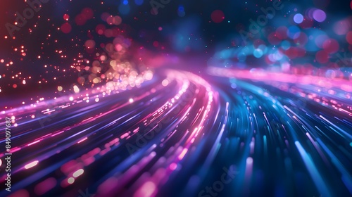 Abstract background with colorful light streaks and bokeh lights in purple, blue and pink colors, with a speed motion effect.