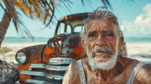 Fototapeta Naklejka Na Ścianę i Meble -  Old Cuban old man with grey hair, beard sitting on Caribbean Cuba island paradise wide white sandy beach under coconut palms next to rusty 1950s retro car partially buried in hot sand on background.