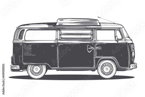 hippie van, vintage surf bus. Simple vector black and white drawing with thick lines, on empty white background and no shadows