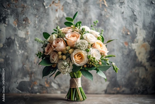 Beautiful wedding bouquet of the bride on the background of a gray grunge wall. Selective focus.