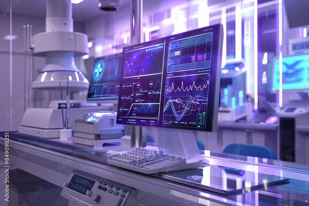 A modern medical laboratory with AI-powered diagnostic tools. The image shows a high-tech scanner analyzing patient data on a large screen. Generative AI A modern medical laboratory with AI-powered diagnostic tools. The image shows a high-tech scanner analyzing patient data on a large screen. Generative AI